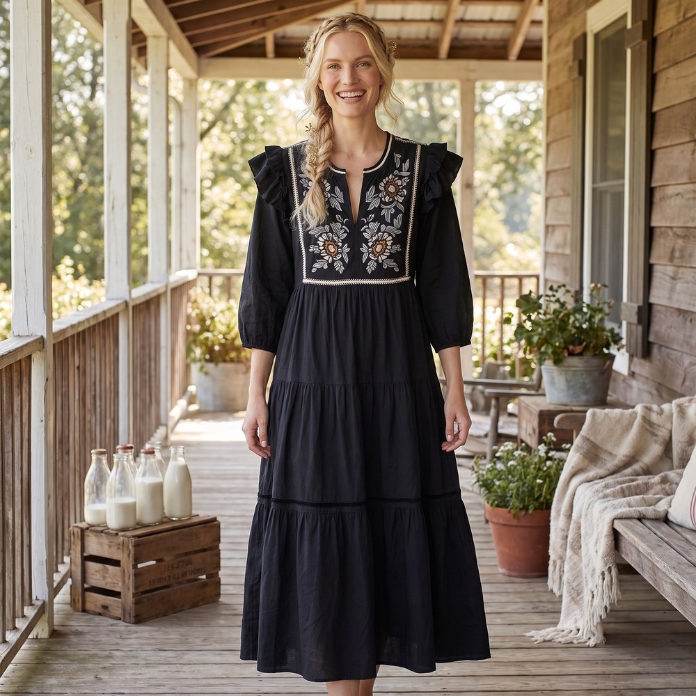 böhme Tiered Ruffle Midi Dress Womens M Black Boho Cottagecore Embroidered